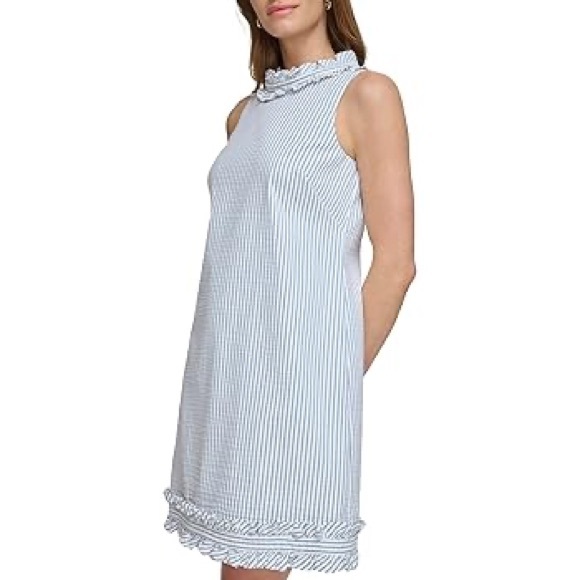 Eliza J Dresses & Skirts - Eliza J Blue and White Striped Sleeveless Seersucker Sheath Dress Size 6